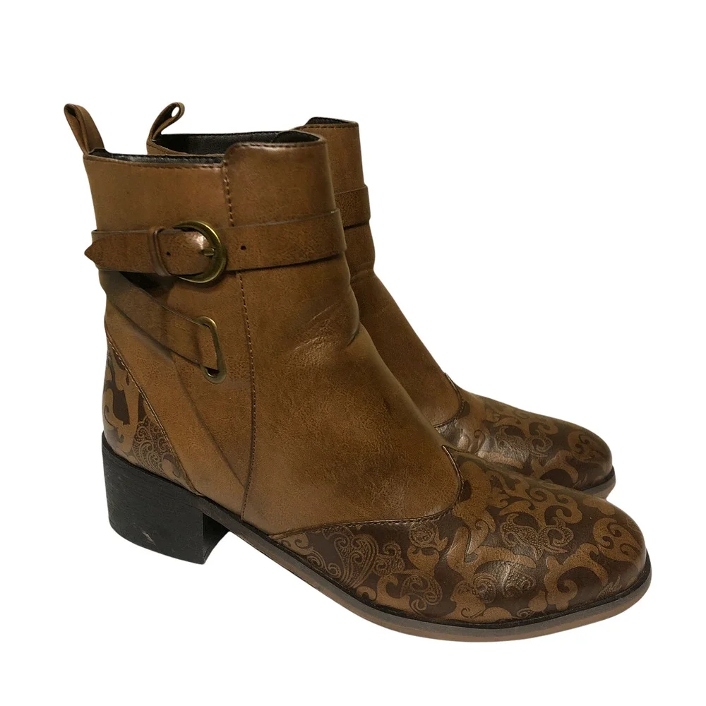 French Blu Womens 8-8.5 / 39 Brown Vegan Leather Tooled Ankle Boots 2 Inch Heel